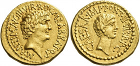 Marcus Antonius and C. Caesar Octavianus with M. Barbatius. Aureus, mint moving with M. Antonius 41, AV 8.10 g. M·ANT·IMP·AVG·III·VIR·R·P·C·M·BARBAT·Q...