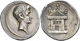 Octavian, 32 – 27 
Denarius, Brundisium or Roma circa 29-27 BC, AR 4.00 g. Bare head r. Rev. IMP.CAESAR on architrave of temple with colonnaded base;...