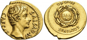 Octavian as Augustus, 27 BC – 14 AD 
Aureus, Colonia Patricia 19, AV 7.72 g. CAESAR – AVGVSTVS Bare head r. Rev. OB CIVIS / SERVATOS Shield, inscribe...