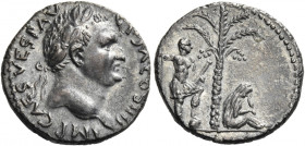 Vespasian, 69 – 79 
Denarius, Antiochia 72-73, AR 3.01 g. IMP CAES VESP AV – G P M COS IIII Laureate head r. Rev. Jewess seated r. under palm-tree in...