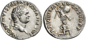 Titus augustus, 79 – 81 
Denarius 79 after 1st July, AR 3.22 g. IMP TITVS CAES VESPASIAN AVG P M Laureate head with slight beard r. Rev. TR P VIIII I...