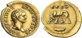 Domitian caesar, 69 – 81
Aureus 77-78, AV 7.29 g. CAESAR AVG F – DOMITIANVS Laureate head r. Rev. COS V She-wolf l. suckling twins; in exergue, boat....