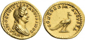 Domitia, wife of Domitian 
Aureus 82–83, AV 7.56 g. DOMITIA AVGVSTA IMP DOMIT[I]ANI Draped bust r., hair massed in front and in long plait behind. Re...