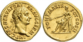 Trajan augustus, 98 – 117
Aureus 98, AV 7.56 g. IMP CAES NERVA TRAI – AN AVG GERM Laureate head r. Rev. PONT MAX TR – POT COS II Germania seated l. o...