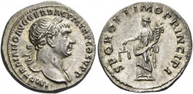 Trajan augustus, 98 – 117 
Denarius circa 107, AR 3.65 g. IMP TRAIANO AVG GER DAC P M TR P COS V P P Laureate bust r., with drapery on l. shoulder. R...