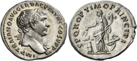 Trajan augustus, 98 – 117 
Denarius circa 107, AR 3.50 g. IMP TRAIANO AVG GER DAC P M TR P COS V P P Laureate bust r. with aegis. Rev. S P Q R OPTIMO...