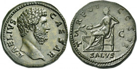 Aelius caesar, 136 – 138 
Sestertius 137, Æ 29.07 g. L AELIVS – CAESAR Bare head r. Rev. T – R POT – COS II Salus seated l., feeding out of patera sn...