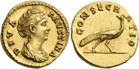 Faustina I, wife of Antoninus Pius 
Diva Faustina. Aureus after 141, AV 7.16 g. DIVA – FAVSTINA Draped bust r., hair waved and coiled on top of head....