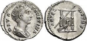 Faustina I, wife of Antoninus Pius 
Diva Faustina. Denarius after 141, AR 3.61 g. DIVA – FAVSTINA Draped bust r., hair waved and coiled on top of hea...
