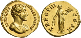 Marcus Aurelius caesar, 139-161 
Aureus 148-149, AV 7.15 g. AVRELIVS – CAESAR AVG PII F Bare-headed and cuirassed bust r. with drapery on l. shoulder...
