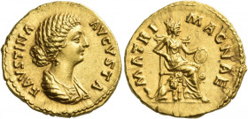 Faustina II, daughter of A. Pius and wife of M. Aurelius 
Aureus 145-161, AV 7.31 g. FAVSTINA – AVGVSTA Draped bust r. Rev. MATRI – MAGNAE Cybele sea...