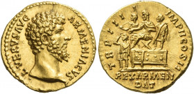 Lucius Verus, 161 – 169 
Aureus 163-164, AV 7.25 g. L VERVS AVG – ARMENIACVS Bare head r. Rev. TR P III – I – IMP II COS II L. Verus seated l. on pla...