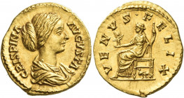Crispina, wife of Commodus 
Aureus 180-182, AV 7.28 g. CRISPINA – AVGVSTA Draped bust r., hair in coil at back. Rev. VENVS· F – ELIX Venus seated l.,...