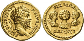 Septimius Severus, 193 – 211 
Aureus 201, AV 7.26 g. SEVERVS PIVS AVG – P M TR P VIIII Laureate head r. Rev. FELICITAS / SAECVLI Draped bust of Julia...