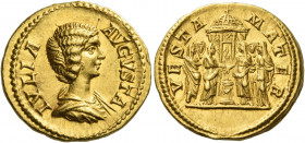 Julia Domna, wife of Septimius Severus
Aureus 196-211, AV 7.15 g. IVLIA – AVGVSTA Draped bust r. Rev. VESTA – MATER Six Vestals sacrificing over alta...