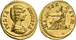 Julia Domna, wife of Septimius Severus 
Aureus circa 196-211, AV 7.30 g. IVLIA – AVGVSTA Draped bust r. Rev. MA – TER DEVM Cybele seated l. on throne...