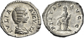 Julia Domna, wife of Septimius Severus 
Denarius circa 196-211, AR 3.22 g. IVLIA – AVGV[S]TA Draped bust r. Rev. PIETAS – AVGG Pietas standing l., ho...