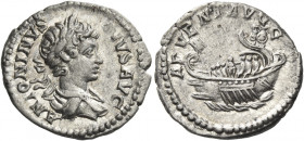Caracalla augustus, 198 – 217 
Denarius 201-206, AR 3.19 g. ANTONINVS – [P]IVS AVG Laureate, draped and cuirassed bust r. Rev. ADVENT AVGG Galley l. ...