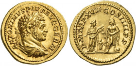 Caracalla augustus, 198 – 217 
Aureus 214, AV 7.20 g. ANTONINVS PIVS AVG GERM Laureate, draped, and cuirassed bust r. Rev. P M TR P XVII COS IIII P P...