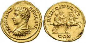 Geta caesar, 198 – 209 
Aureus 203 – 208, AV 7.23 g. P SEPTIMIVS – GETA CAES Bare headed, draped and cuirassed bust l. Rev. PRINC IVVENT / COS Septim...