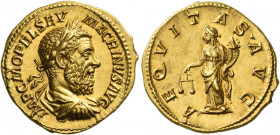 Macrinus, 217 – 218
Aureus March-July 218, AV 7.45 g. IMP C M OPEL SEV – MACRINVS AVG Laureate, draped and cuirassed bust r. Rev. AEQVITAS AVG Aequit...
