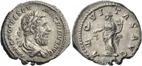 Macrinus, 217 – 218
Denarius December 217-218, AR 3.10 g. IMP C M OPEL SEV – MACRINVS AVG Laureate, draped and cuirassed bust r. Rev. AEQVITAS AVG Ae...