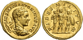 Elagabalus 218 – 222 
Aureus 218-219, AV 7.11 g. IMP CAES M AVR ANTONINVS AVG Laureate, draped and cuirassed bust r. Rev. FIDES MILITVM Elagabalus, l...