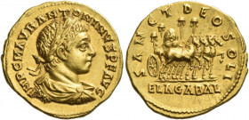 Elagabalus 218 – 222 
Aureus, Antiochia circa 218-219, AV 7.10 g. IMP C M AVR ANTONINVS P F AVG Laureate, draped and cuirassed bust r. Rev. SANCT DEO...