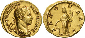 Severus Alexander, 222 – 235 
Aureus circa 222-228, AV 6.03 g IMP C M AVR SEV – ALEXAND AVG Laureate, draped and cuirassed bust r. Rev. ANNO – NA AVG...