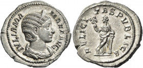 Julia Mamaea, mother of Severus Alexander 
Denarius 228, AR 3.59 g. IVLIA MA – MAEA AVG Diademed and draped bust r. Rev. FELICI – TAS – PVBLICA Felic...