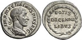 Maximinus I, 235 – 238 
Denarius 236, AR 3.05 g. IMP MAXIMINVS PIVS AVG Laureate, draped and cuirassed bust r. Rev. VOTIS / DECENNA / LIBVS within wr...