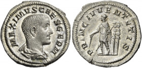 Maximus caesar, late 235 – early 238 
Denarius 236-237, AR 2.98 g. MAXIMVS CAES GERM Bare-headed, draped and cuirassed bust r. Rev. PRINC IVVENTVTIS ...
