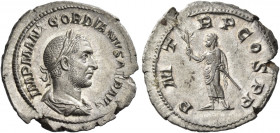 Gordian I, 1st – 22nd April 238 
Denarius 1st-22nd April 238, AR 3.06 g. IMP M AN[T] GORDIANVS A[F]R AV[G] Laureate, draped and cuirassed bust r. Rev...