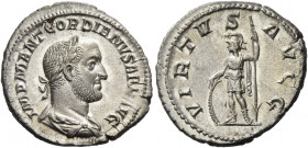 Gordian II, March – April 238 
Denarius March-April 238, AR 3.27 g. IMP M ANT GORDIANVS AF[R A]VG Laureate, draped and cuirassed bust r. Rev. VIRTVS ...