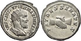 Pupienus, 22 April – 29 July 238 
Antoninianus 238, AR 4.97 g. IMP CAES PVPIEN MAXIMVS AVG Radiate, draped and cuirassed bust r. Rev. PATRES SENATVS ...