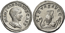 Gordian III caesar, April – June 238 
Denarius 238, AR 3.17 g. M ANT GORDIANVS CAES Bare-headed and draped bust r. Rev. PIETAS AVGG Priestly emblems....