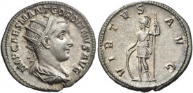 Gordian III augustus, 238 – 244. 
Antoninianus 238-239, AR 4.59 g. IMP CAES M ANT GORDIANVS AVG Radiate, draped and cuirassed bust r. Rev. VIRTVS – A...