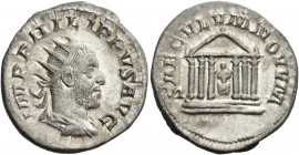 Philip I, 244 – 249 
Antoninianus 248, AR 3.79 g. IMP PHILIPPVS AVG Radiate, draped and cuirassed bust r. Rev. SAECVLVM NOVVM Hexastyle temple enclos...