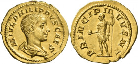 Philip II caesar, 244 – 247 
Aureus 245-246, AV 4.35 g. M IVL PHILIPPVS CAES Bare-headed and draped bust r. Rev. PRINCIPI I – VVENT Philip II, in mil...