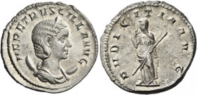 Herennia Etruscilla, wife of Trajan Decius 
Antoninianus 249-251, AR 3.82 g. HER ETRVSCILLA AVG Draped, diademed bust r. on crescent. Rev. PVDICITIA ...