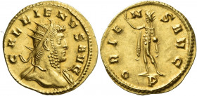 Gallienus, 253 – 268 
Aureus, Mediolanum 260-268, AV 3.96 g. GALLIENVS AVG Radiate bust r., with shield hung behind r. shoulder and drapery on l. Rev...