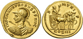 Probus, 276 – 282 
Aureus, Siscia 279, AV 6.39 g. IMP C M AVR PROBVS P F AVG Helmeted, draped and cuirassed bust l., holding transverse spear and shi...