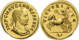 Carus, 282 – 283 
Aureus, Cyzicus circa 282, AV 4.60 g. IMP C M AVR CARVS P F AVG Laureate, draped and cuirassed bust r. Rev. VICTORI A – VG Victory ...