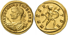 Carinus caesar, 282 – 283 
Aureus, Siscia circa 282, AV 4.88 g. M AVR CARINVS NOB CAES Laureate, draped and cuirassed bust l., holding a transverse s...