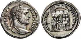 Diocletian, 284-305 
Argenteus, Siscia circa 294, AR 3.15 g. DIOCLETI – ANVS AVG Laureate head r. Rev. VIRTVS – MILITVM Turreted camp gate with the f...