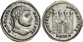 Diocletian, 284-305 
Argenteus, Nicomedia circa 295-296, AR 3.34 g. DIOCLETI – ANVS AVG Laureate head r. Rev. VICTORIAE SARMATICAE Camp gate with fou...