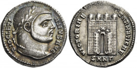 Diocletian, 284-305 
Argenteus, Nicomedia circa 295-296, AR 3.13 g. DIOCLETI – ANVS AVG Laureate head r. Rev. VICTORIAE SARMATICAE Camp gate with fou...