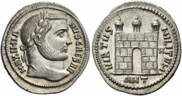 Galerius caesar, 305 – 311 
Argenteus, Antiochia circa 296, AR 3.34 g. MAXIMIA – NVS CAESAR Laureate head r. Rev. VIRTVS – MILITVM Camp gate; in r. f...