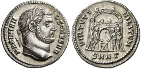 Galerius caesar, 305 – 311 
Argenteus, Nicomedia circa 303-304, AR 3.38 g. MAXIMIAN – VS CAESAR Laureate head r. Rev. VIRTVTI – MILITVM Tetrarchs sac...