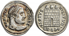 Galerius augustus, 305 – 311 
Argenteus, Serdica 305-306, AR 3.18 g. MAXIMIA – NVS AVG Laureate head r. Rev. VIRTVS – MILITVM Camp gate with three tu...